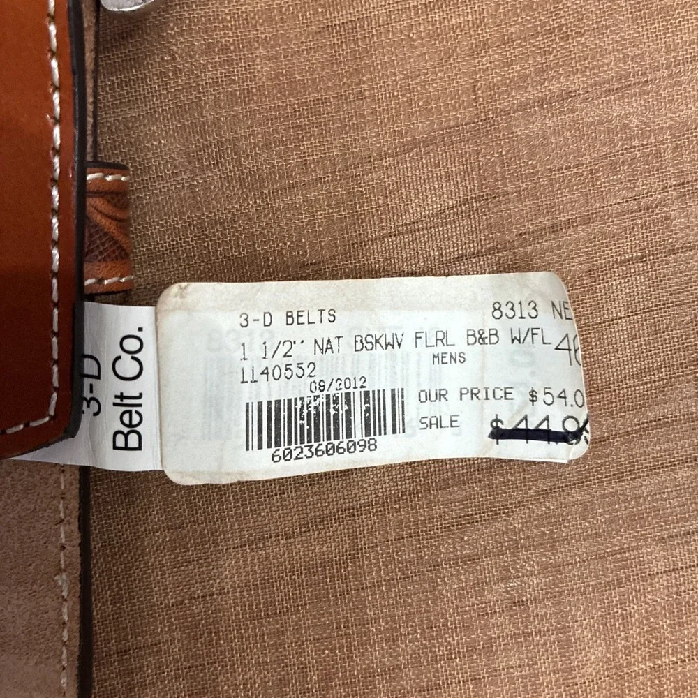 3D Belt Co. Men's Leather Belt Western Buckle Handtool Weave Pattern Sz. 46 NWT